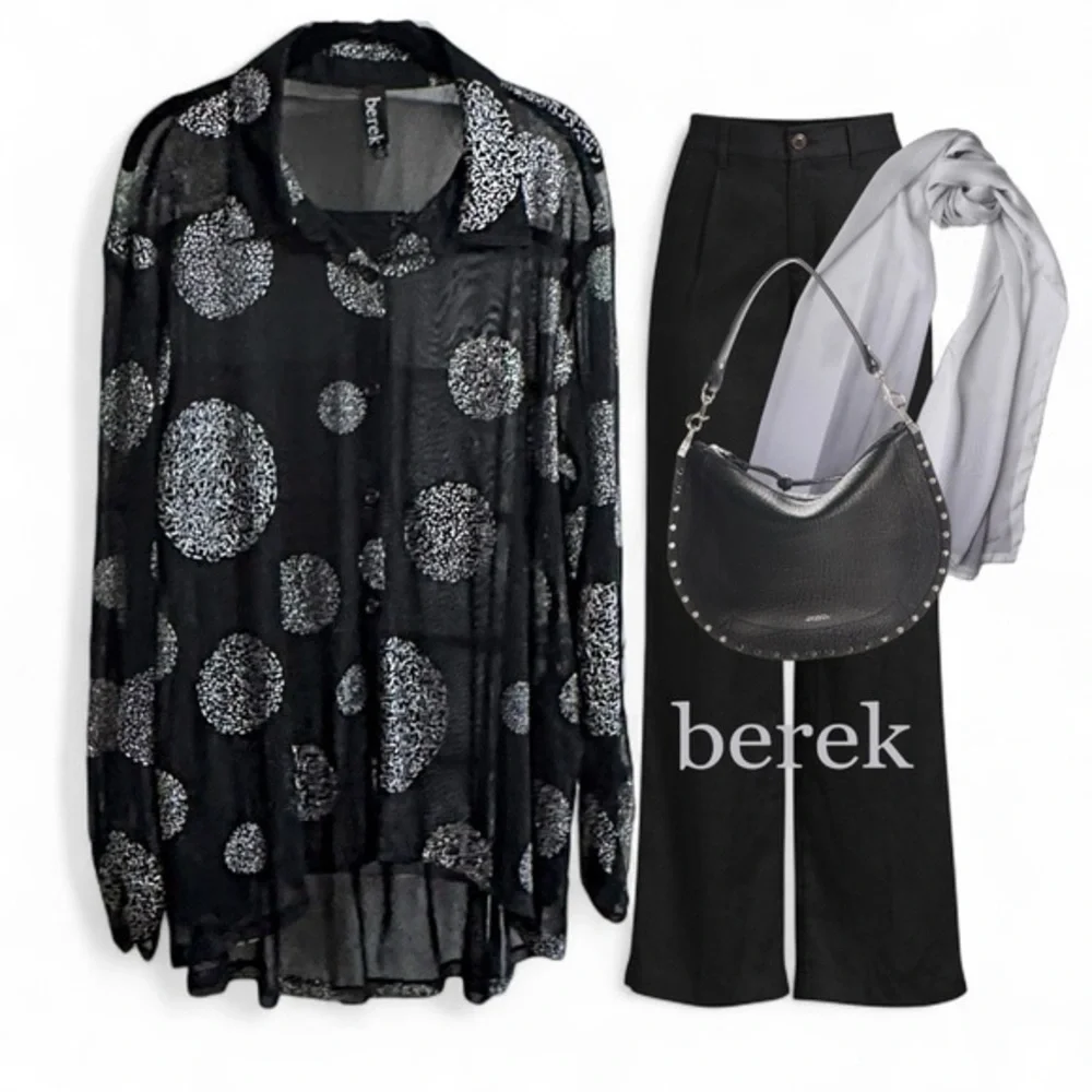 Berek Sheer Black Silver Dots Oversized Art To Wear Sheer Friends Shirt Topper M - Picture 1 of 6